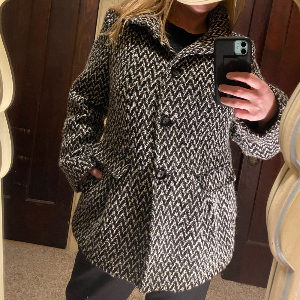 Kenneth Cole New York black white woven wool blend car coat EUC size 1X